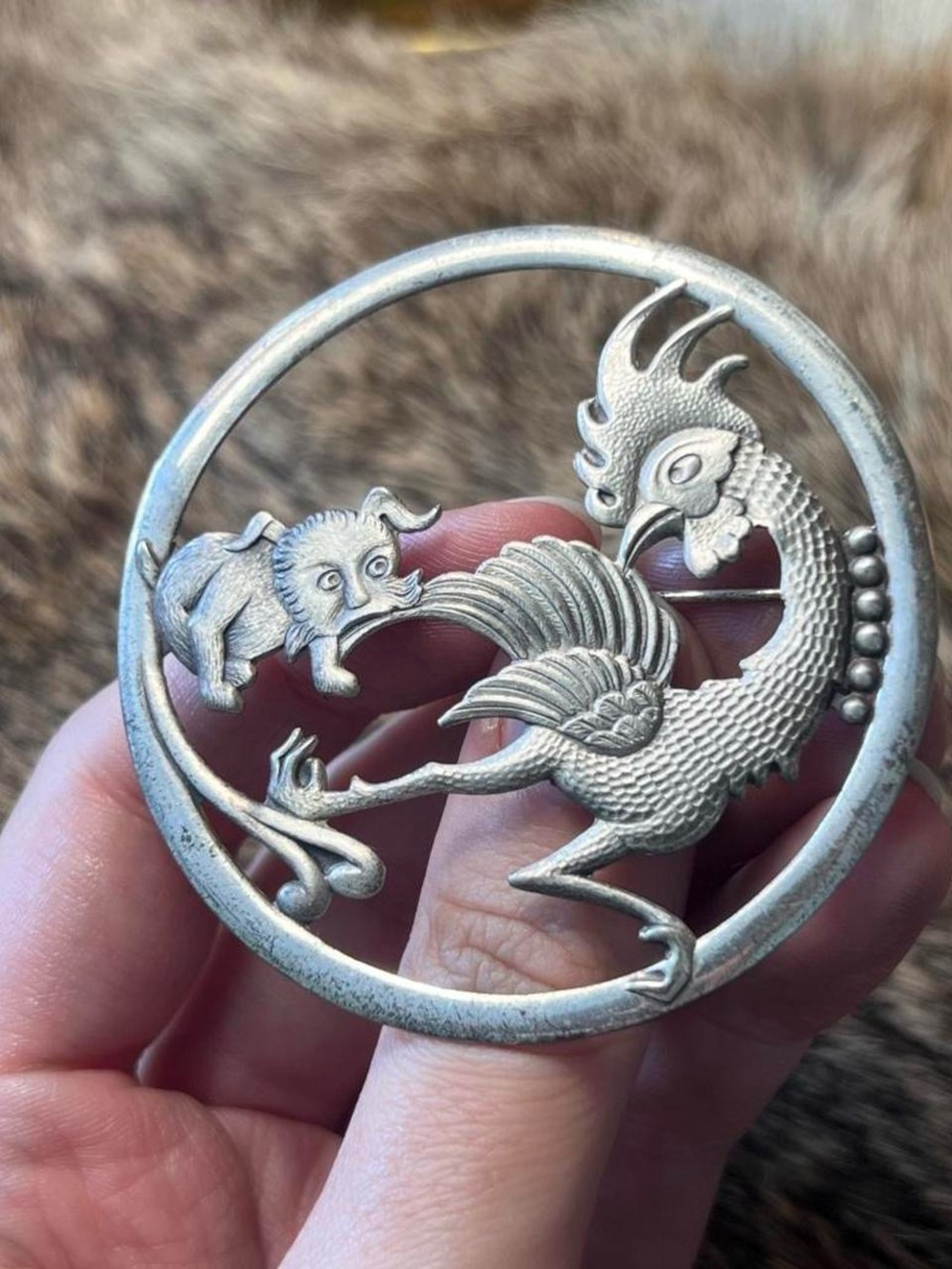 Sterling silver Chinese style rooster and puppy brooch